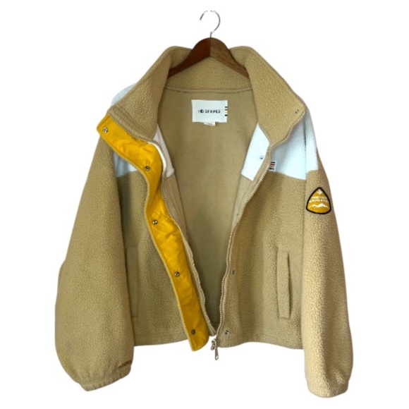 Hudson Bay HBC Stripes Beige Women's Faux Shearling Teddy Jacket Zip Up M - Picture 3 of 11